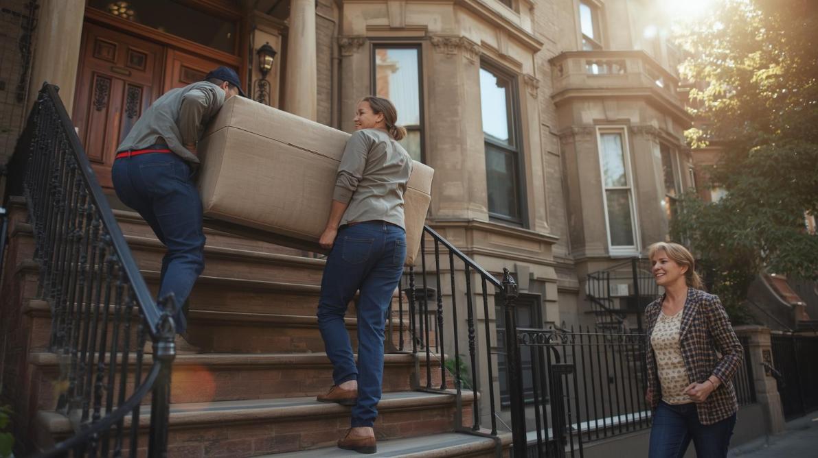 Two movers carry a couch into a sunny Astoria apartment building.