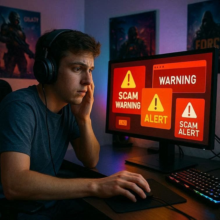 worried gamer looking at computer with scam warnings gpt4