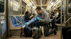 A realistic urban apartment and subway setting showing a pest management professional inspecting seats and luggage for bed bugs